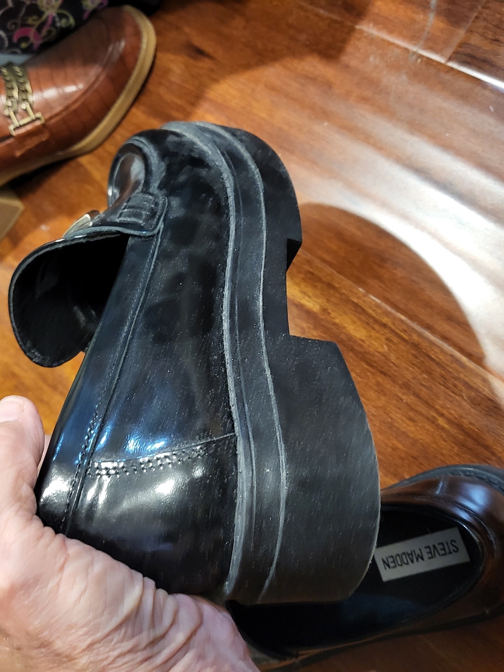 Steve Madden Black Leather Slip-On Loafers with Gold Accent - Picture 3 of 3